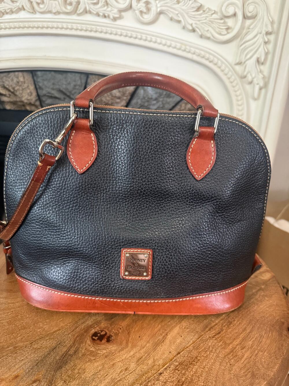 Dooney & Bourke Domed Satchel Crossbody Pebble Leather Black Tan Bag Purse